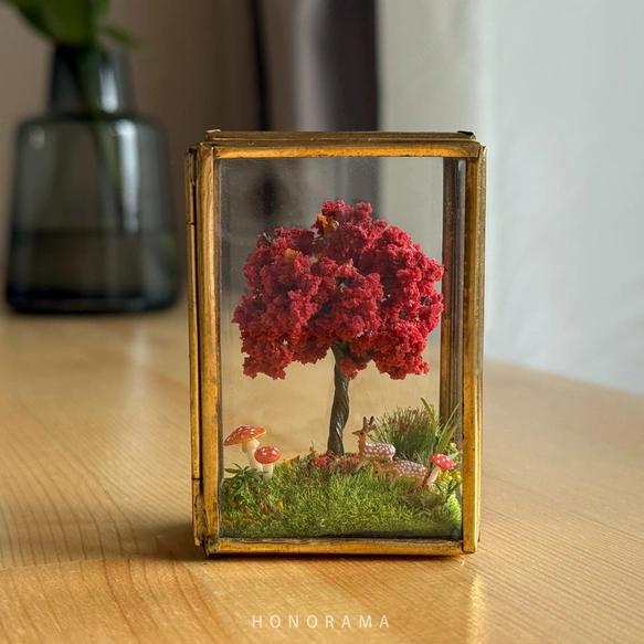 紅葉の木とシカ 真鍮フレーム ミニチュア アート